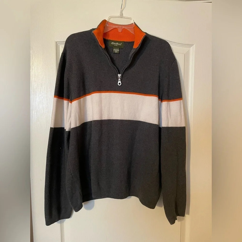 Eddie Bauer Camp Sweater 1/4 Zip Pullover Mens Size XL Gray Orange Dadcore Cozy